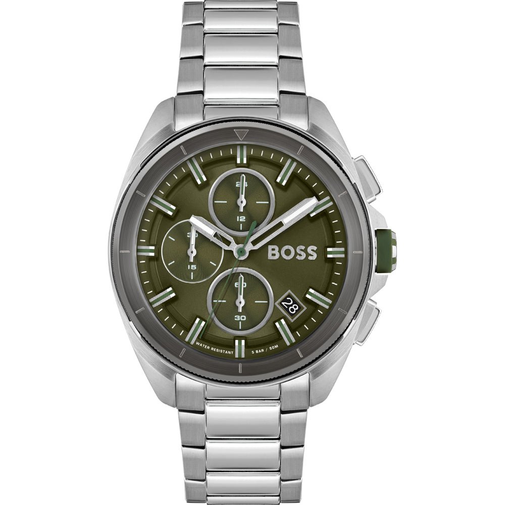 Hugo Boss Volane Chronograph Green Dial Silver Steel Strap Watch for Men - 1513951