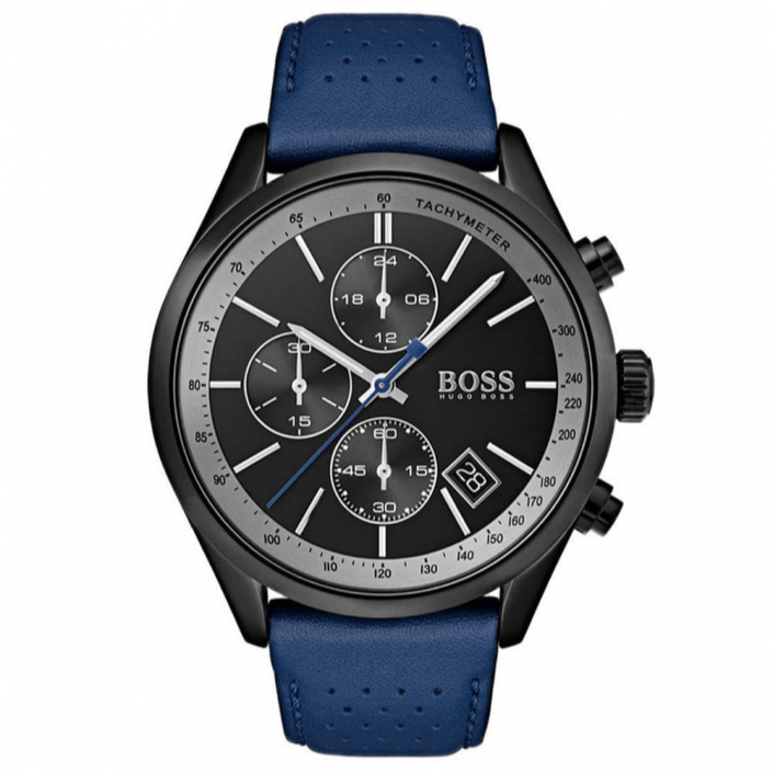 Hugo Boss Grand Prix Chronograph Black Dial Blue Leather Strap Watch for Men - 1513563