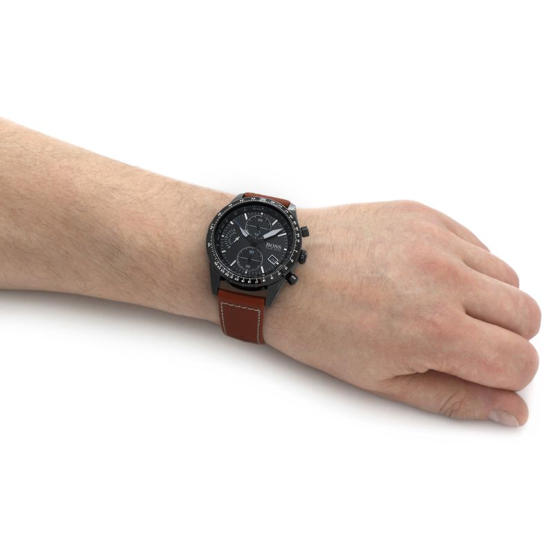 Hugo Boss Pilot Chronograph Black Dial Brown Leather Strap Watch for Men - 1513851