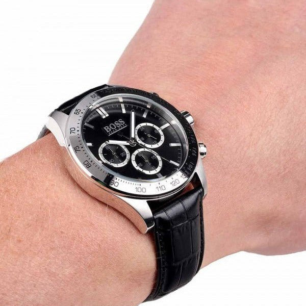 Hugo Boss Ikon Black Dial Black Leather Strap Watch for Men - 1513178