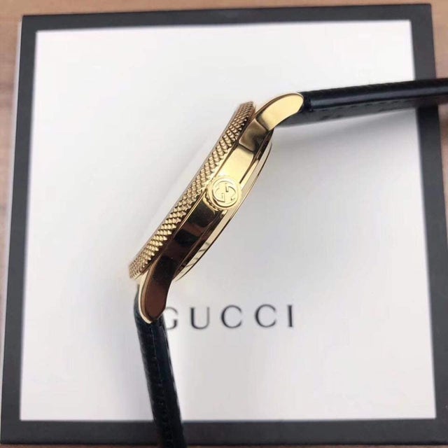 Gucci Eryx Automatic Chevron Gold Dial Black Leather Strap Watch For Men - YA126340