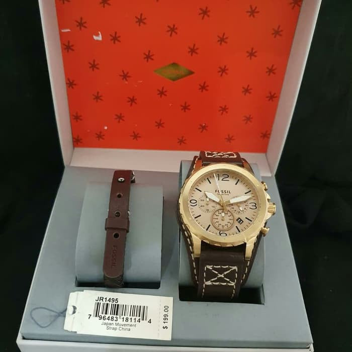 Fossil Nate Chronograph Gold Dial Brown Leather Strap Watch for Men - JR1495