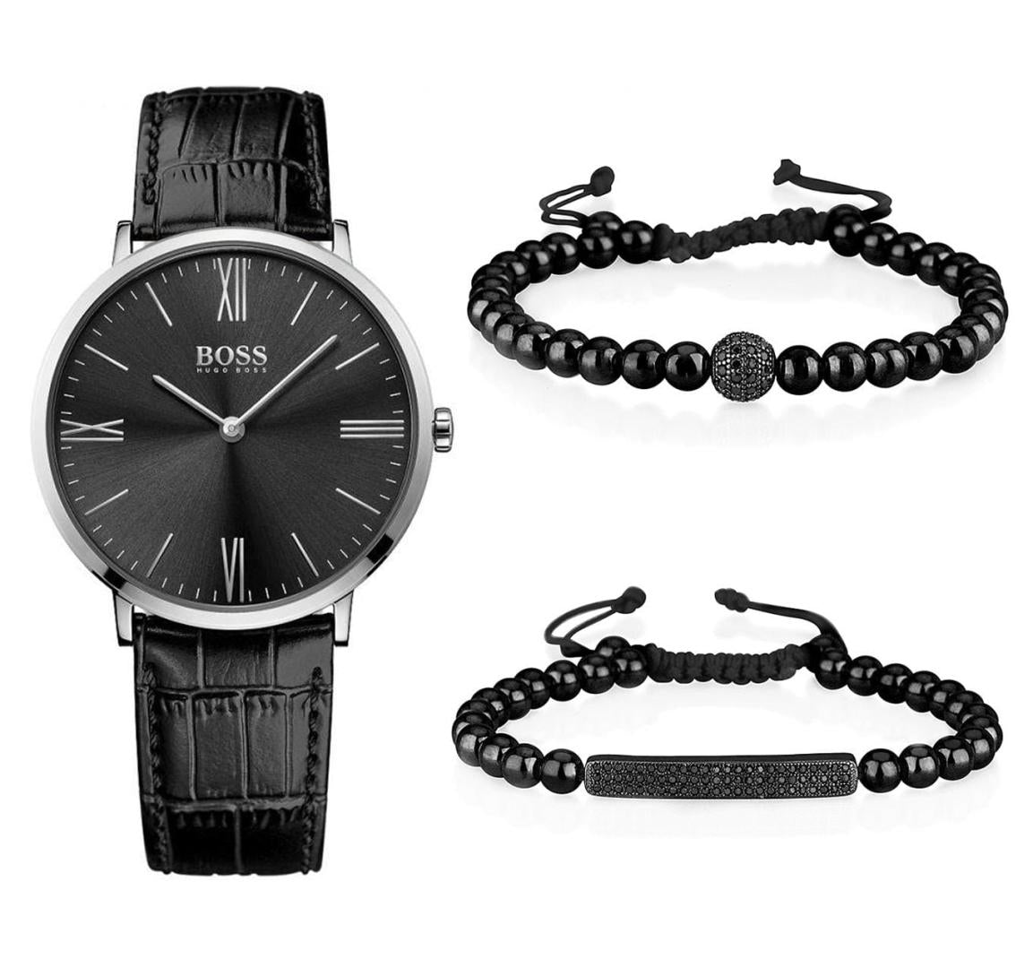 Hugo Boss Jackson Black Dial Black Leather Strap Watch for Men - 1513369