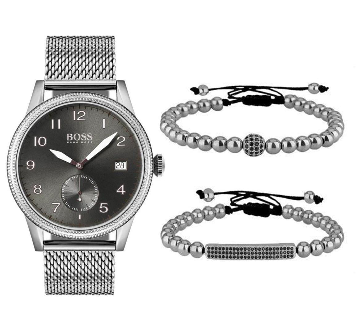 Hugo Boss Legacy Grey Dial Silver Mesh Bracelet Watch for Men - 1513673
