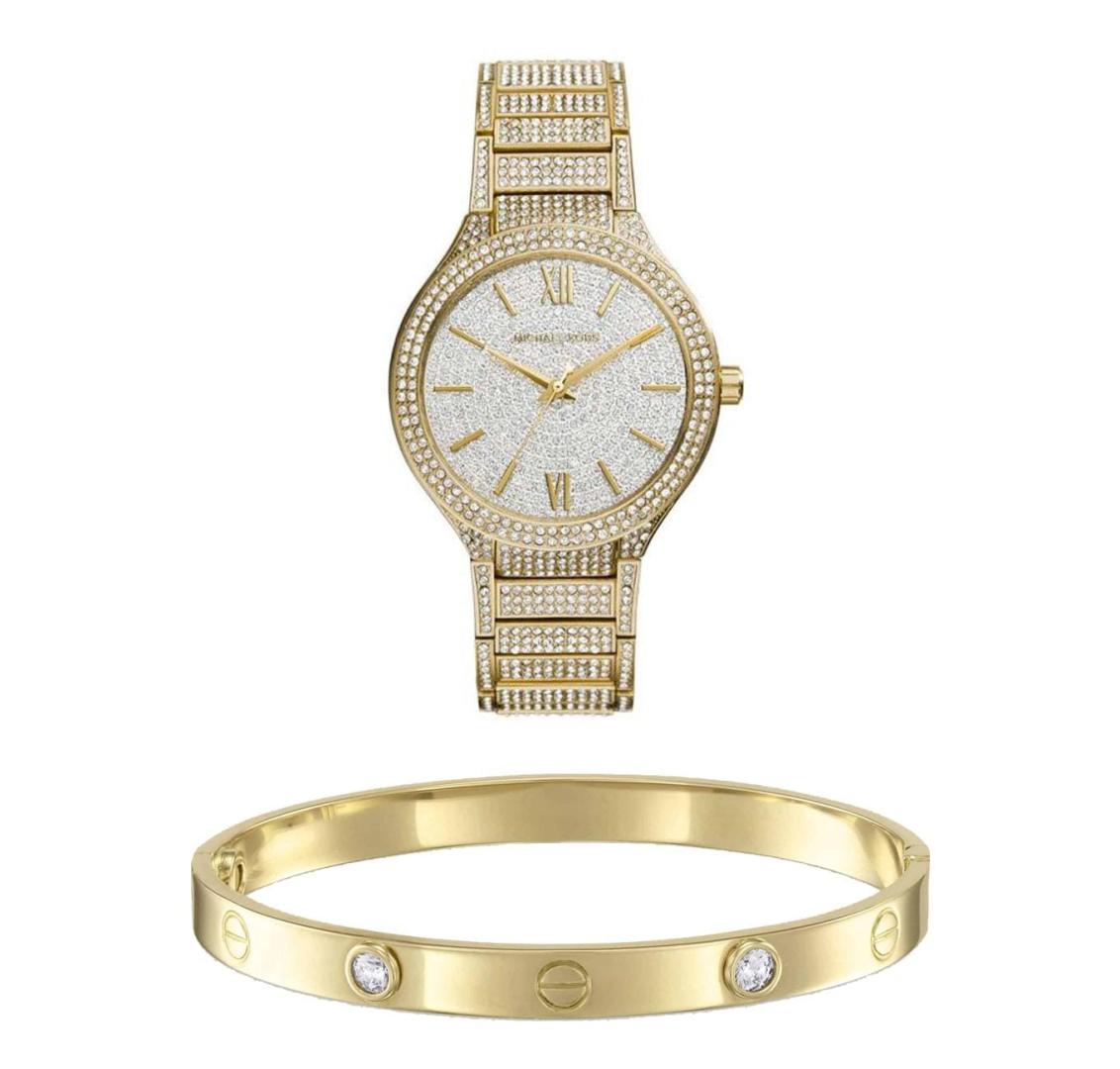 Michael Kors Kerry Crystals Gold Dial Gold Steel Strap Watch For Women - MK3360