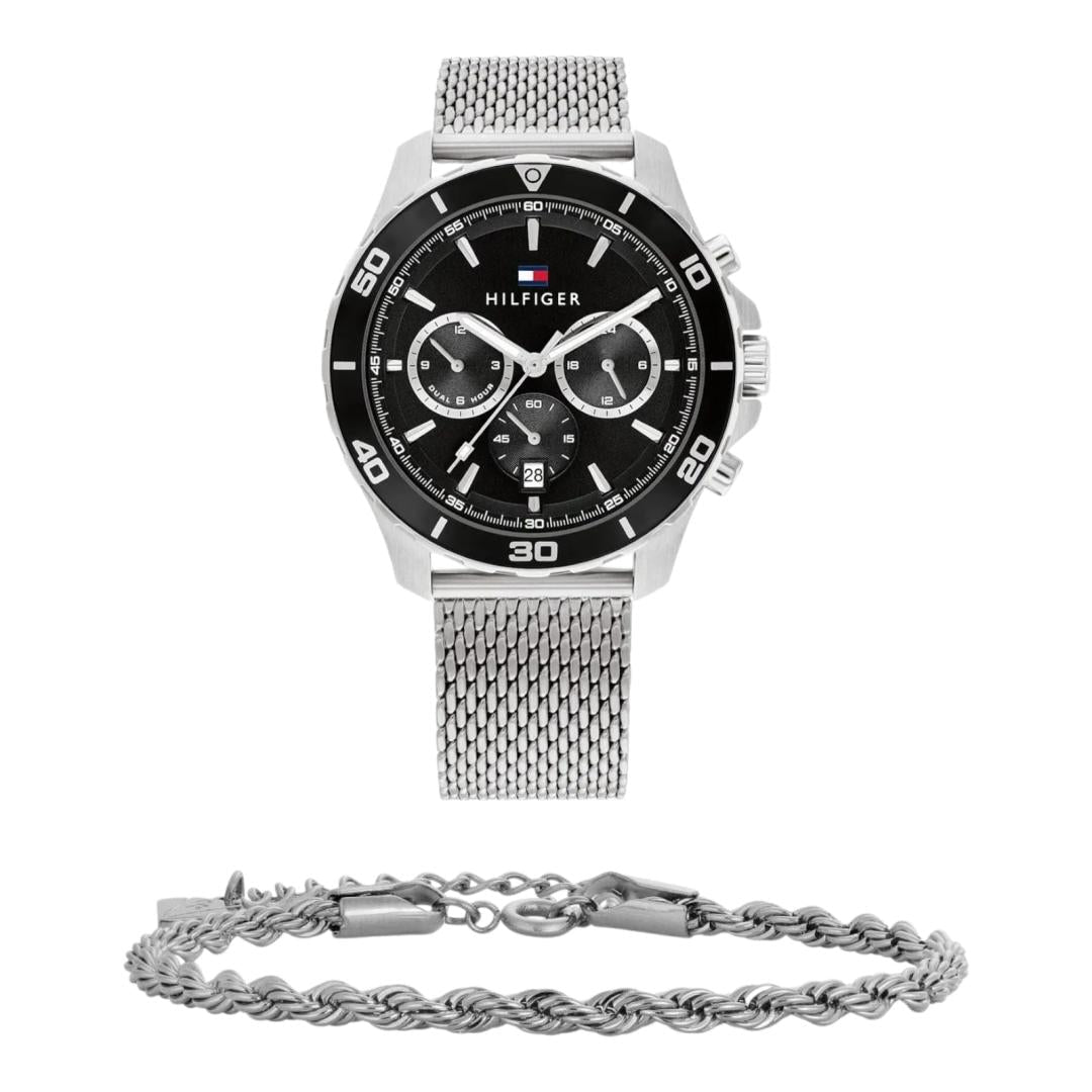 Tommy Hilfiger Jordan Chronograph Black Dial Silver Mesh Strap Watch For Men - 1792092