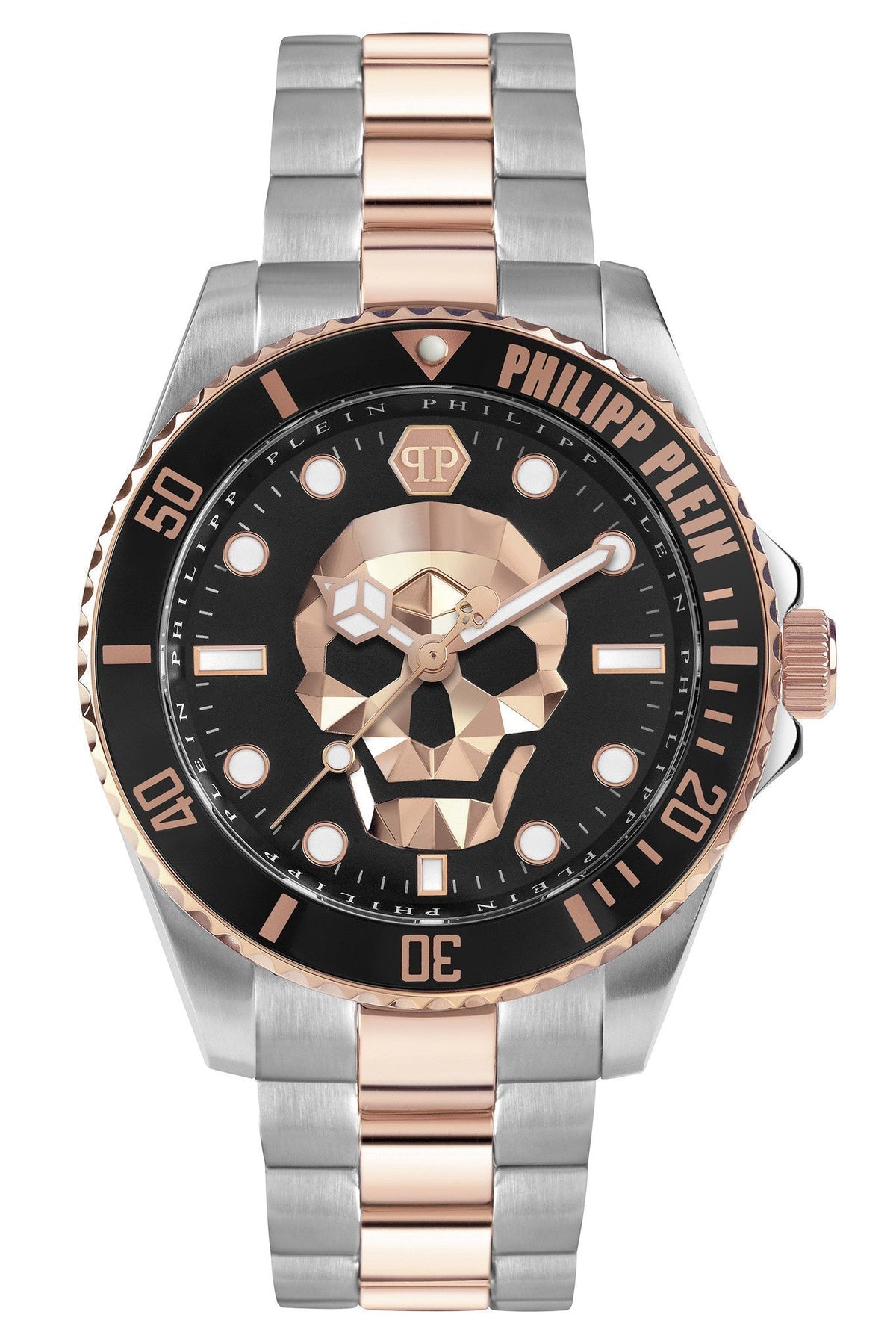 Philipp Plein The $kull Diver Black Dial Silver With Rose Gold Stainless Steel Strap Watch For Men- PWOAA0822