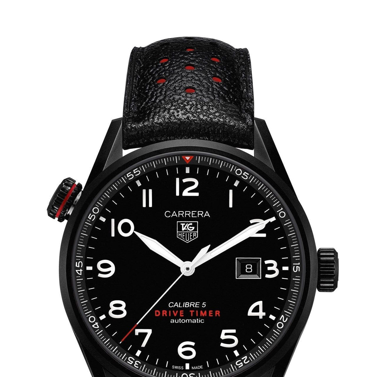 Tag Heuer Carrera Calibre 5 Drive Timer Black Dial Black Leather Strap Watch for Men - WAR2A80.FC6337