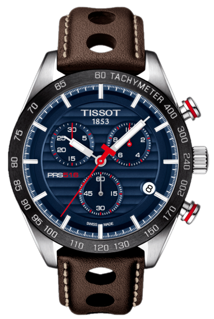 Tissot PRS 516 Chronograph Blue Dial Brown Leather Strap Watch For Men - T100.417.16.041.00