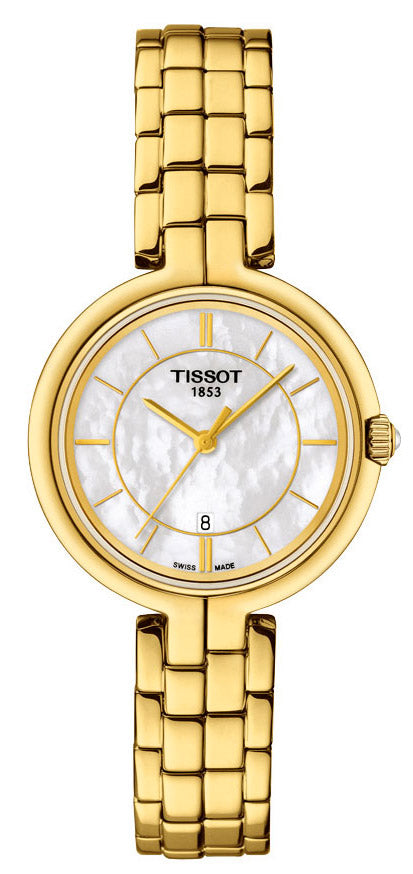 Tissot Flamingo Mother of Pearl White Dial Gold Steel Strap Watch For Women - T094.210.33.111.00