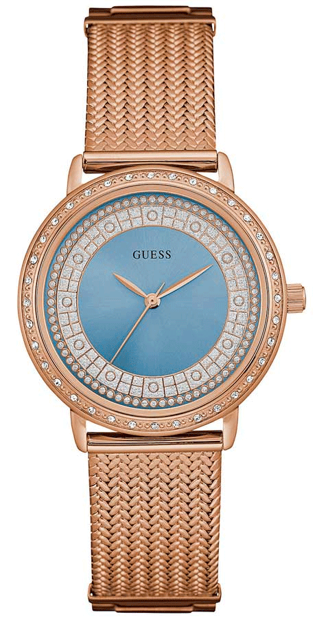 Guess Willow Crystal Blue Dial Rose Gold Mesh Bracelet Watch For Women - W0836L1