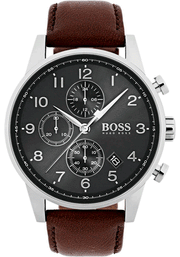 Hugo Boss Navigator Chronograph Grey Dial Brown Leather Strap Watch for Men - 1513494