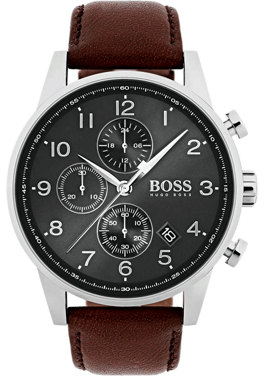 Hugo Boss Navigator Chronograph Grey Dial Brown Leather Strap Watch for Men - 1513494