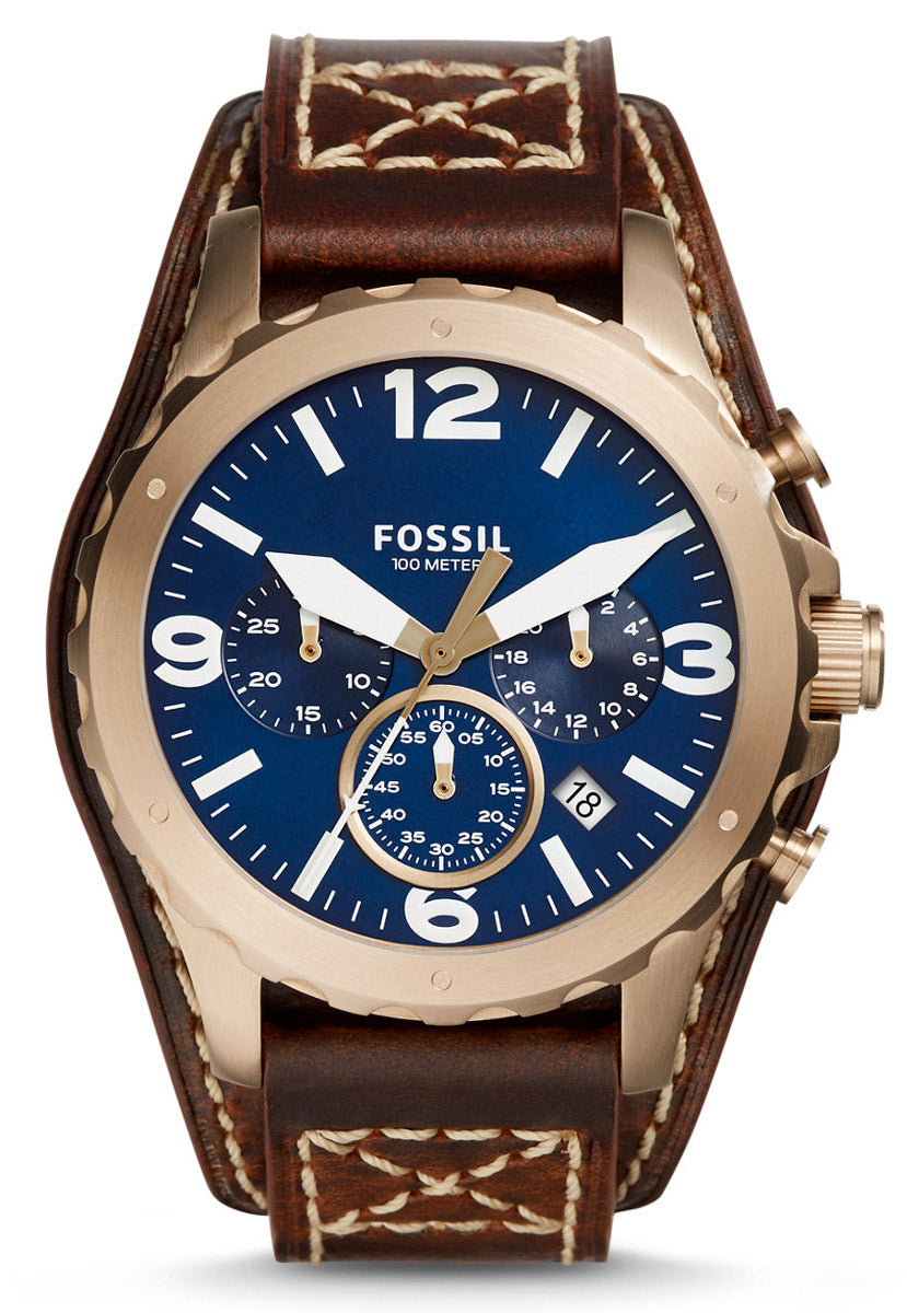 Fossil Nate Chronograph Blue Dial Brown Leather Strap Watch for Men - JR1505