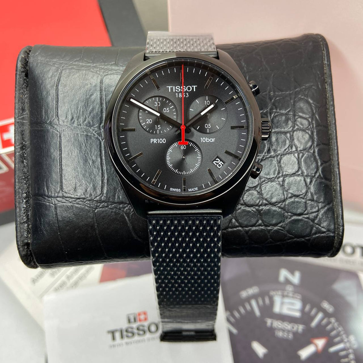 Tissot T Classic PR 100 Chronograph Black Dial Black Mesh Bracelet Watch For Men - T101.417.33.051.00