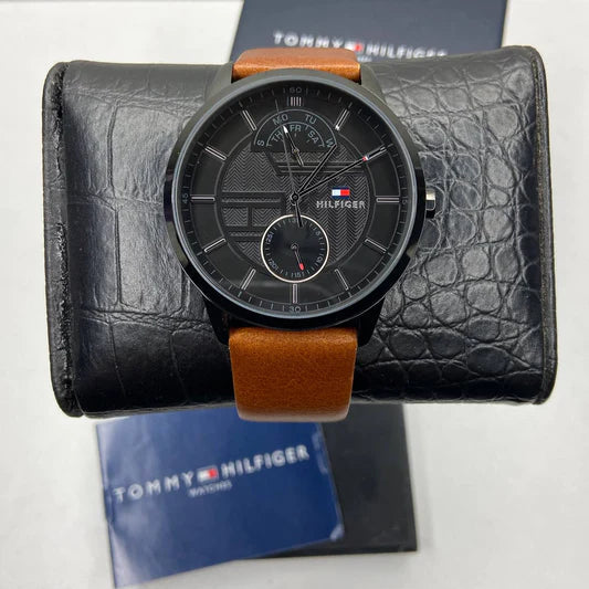 Tommy Hilfiger Hunter Black Dial Brown Leather Strap Watch for Men - 1791604