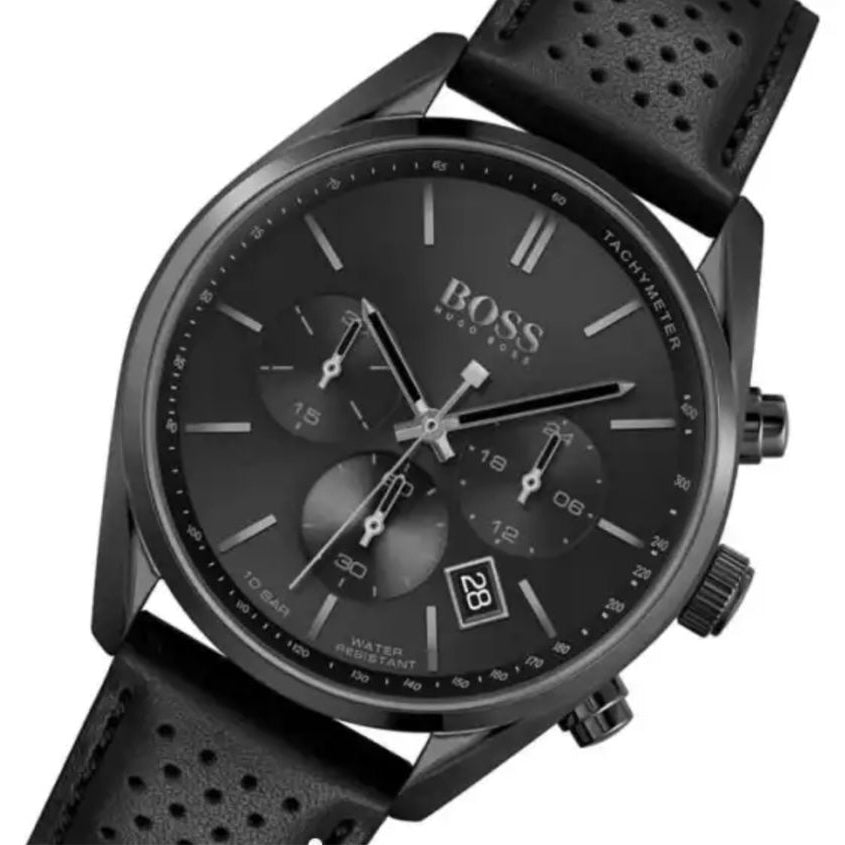 Hugo Boss Champion Chronograph Black Dial Black Leather Strap Watch for Men - 1513880