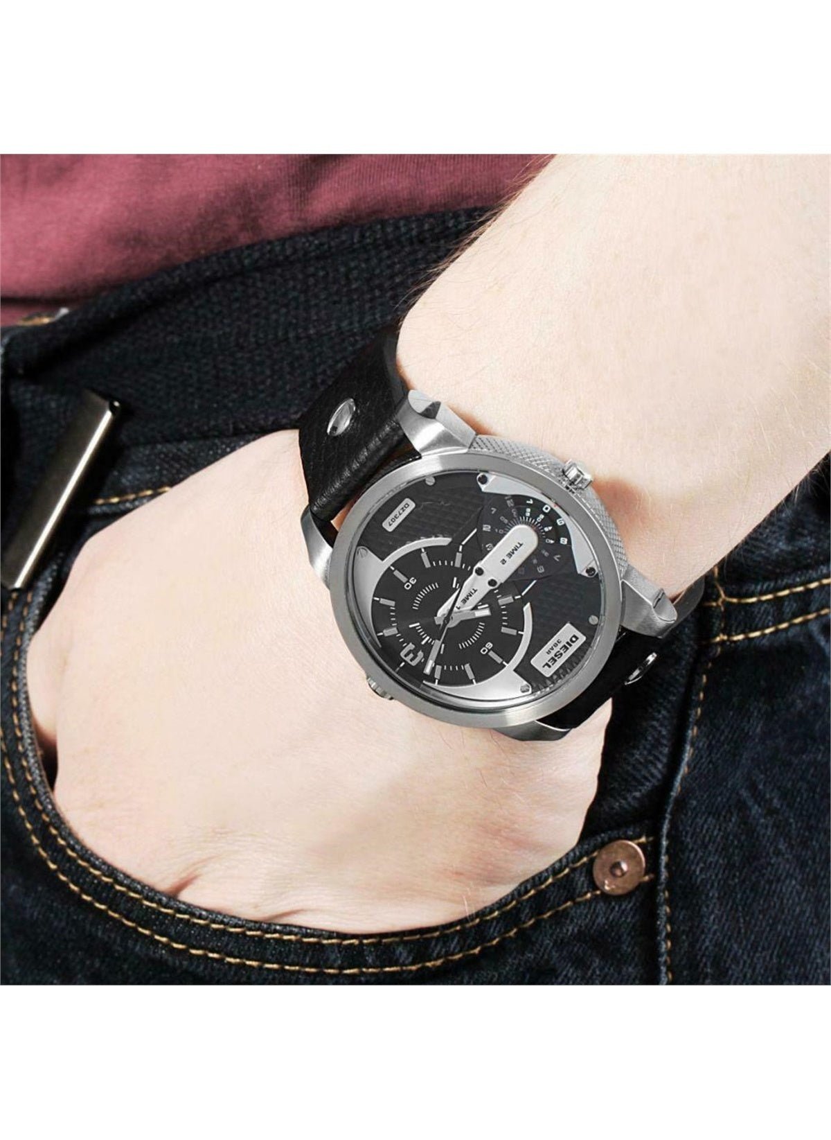 Diesel Mini Daddy Black Silver Dial Black Leather Strap Watch For Men - DZ7307