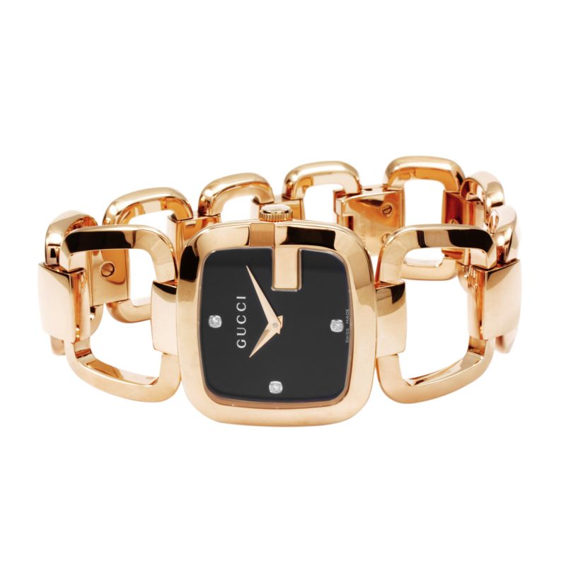 Gucci G Gucci Diamonds Black Dial Rose Gold Steel Strap Watch For Women - YA125409