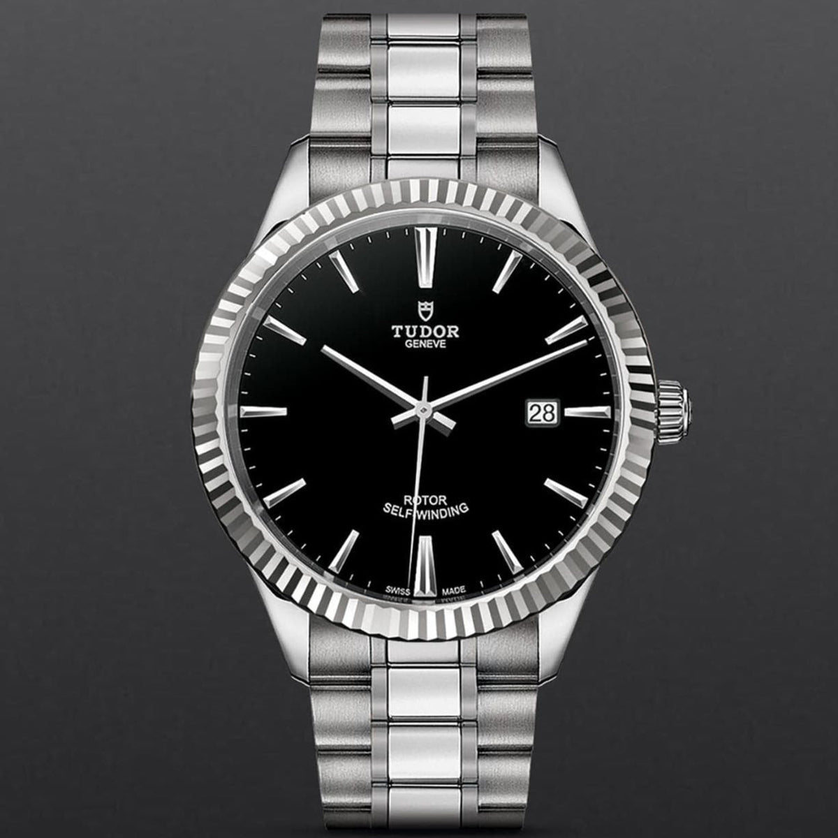 Tudor Style Automatic Black Dial Silver Steel Strap Watch for Men - M12710-0003