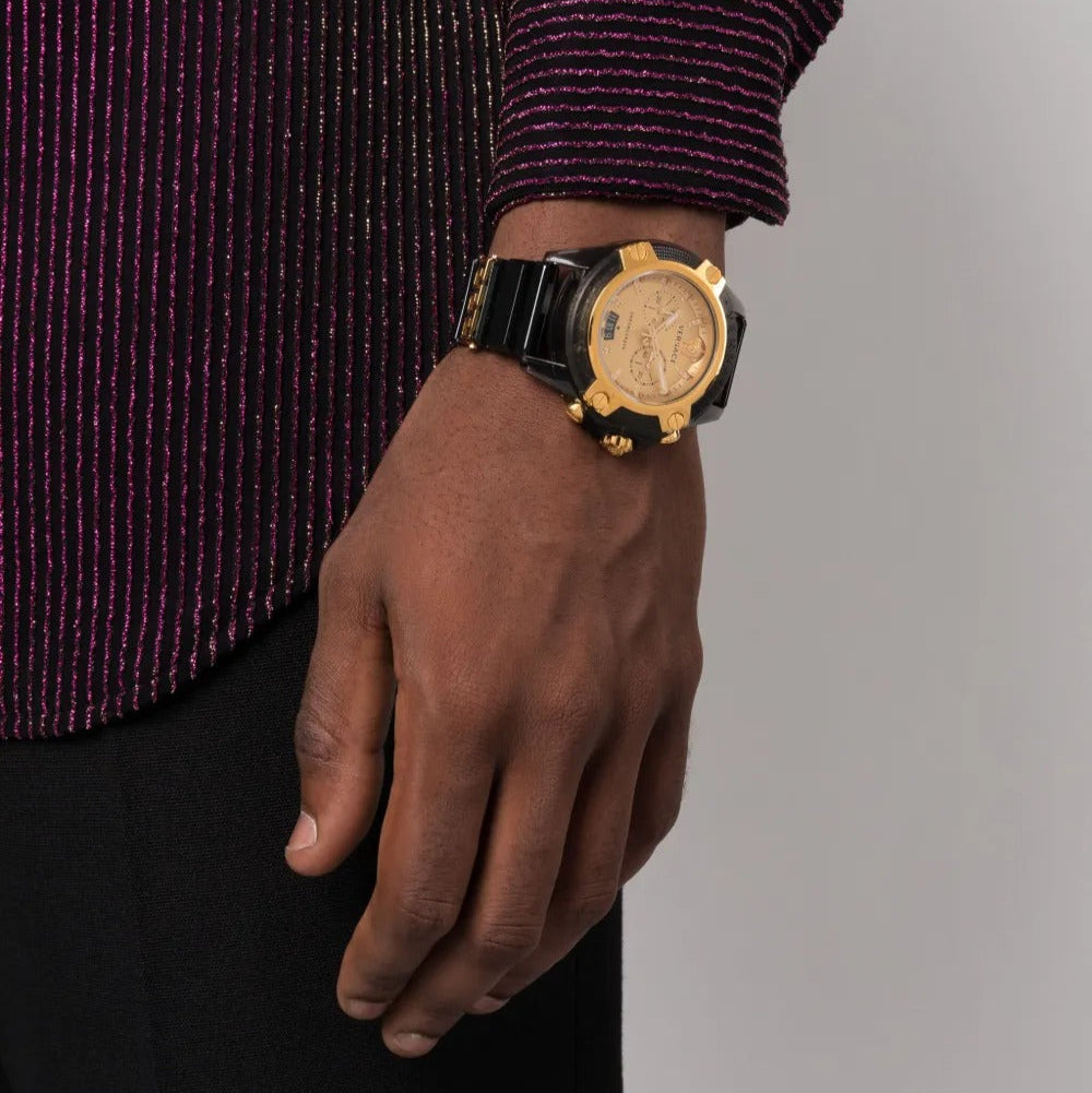 Versace Icon Active Chrono Gold Dial Black Silicone Strap Unisex Watch - VEZ701623