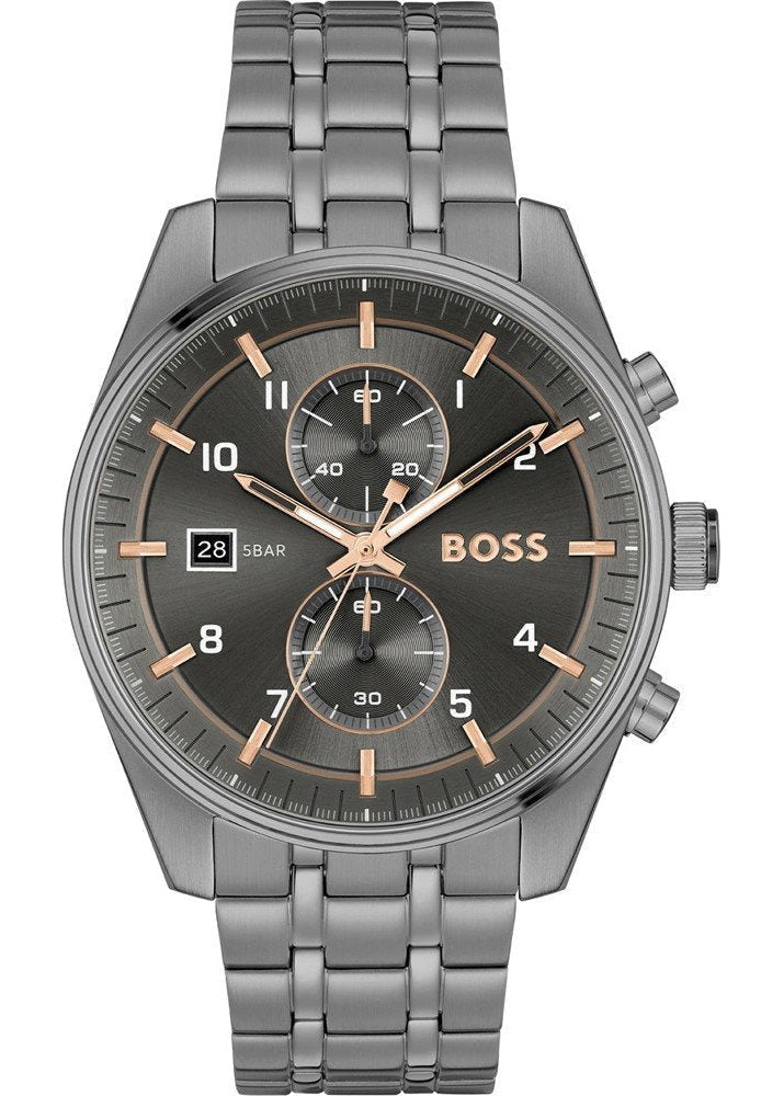Hugo Boss Skytraveller Chronograph Gunmetal Grey Dial Grey Steel Strap Watch for Men - 1514153