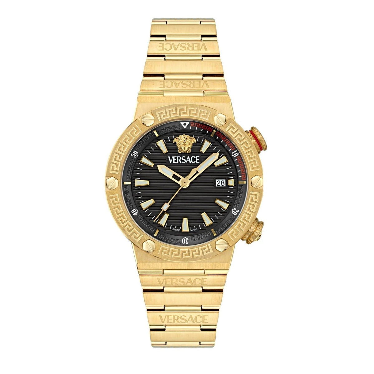 Versace Greca Logo Quartz Black Dial Gold Steel Strap Watch for Men - VE8G00624