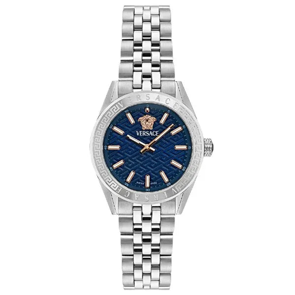 Versace V-Code Analog Blue Dial Silver Steel Strap Watch for Women - VE8I00324