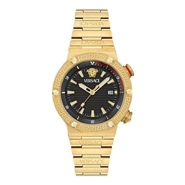 Versace Greca Logo Quartz Black Dial Gold Steel Strap Watch for Men - VE8G00624