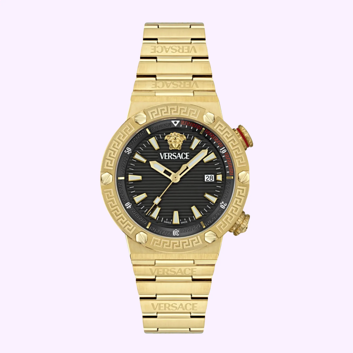 Versace Greca Logo Quartz Black Dial Gold Steel Strap Watch for Men - VE8G00624
