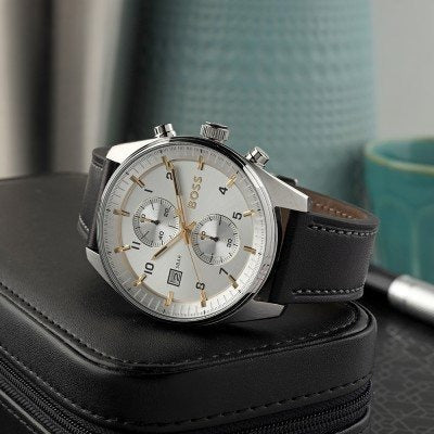 Hugo Boss Skytraveller Chronograph Silver Dial Black Leather Strap Watch for Men - 1514147