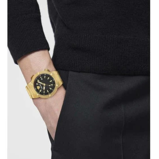 Versace Greca Logo Quartz Black Dial Gold Steel Strap Watch for Men - VE8G00624