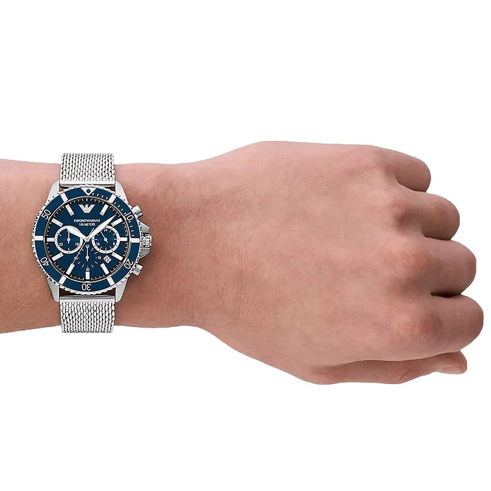 Emporio Armani Diver Chronograph Blue Dial Silver Mesh Strap Watch for Men - AR11587