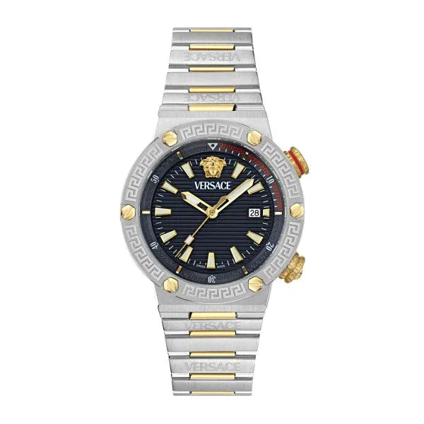 Versace Greca Logo Diver Quartz Black Dial Two Tone Steel Strap Watch for Men - VE8G00424