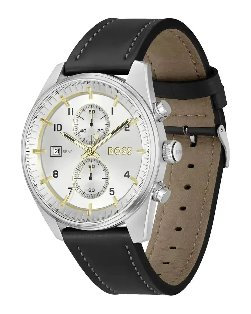 Hugo Boss Skytraveller Chronograph Silver Dial Black Leather Strap Watch for Men - 1514147