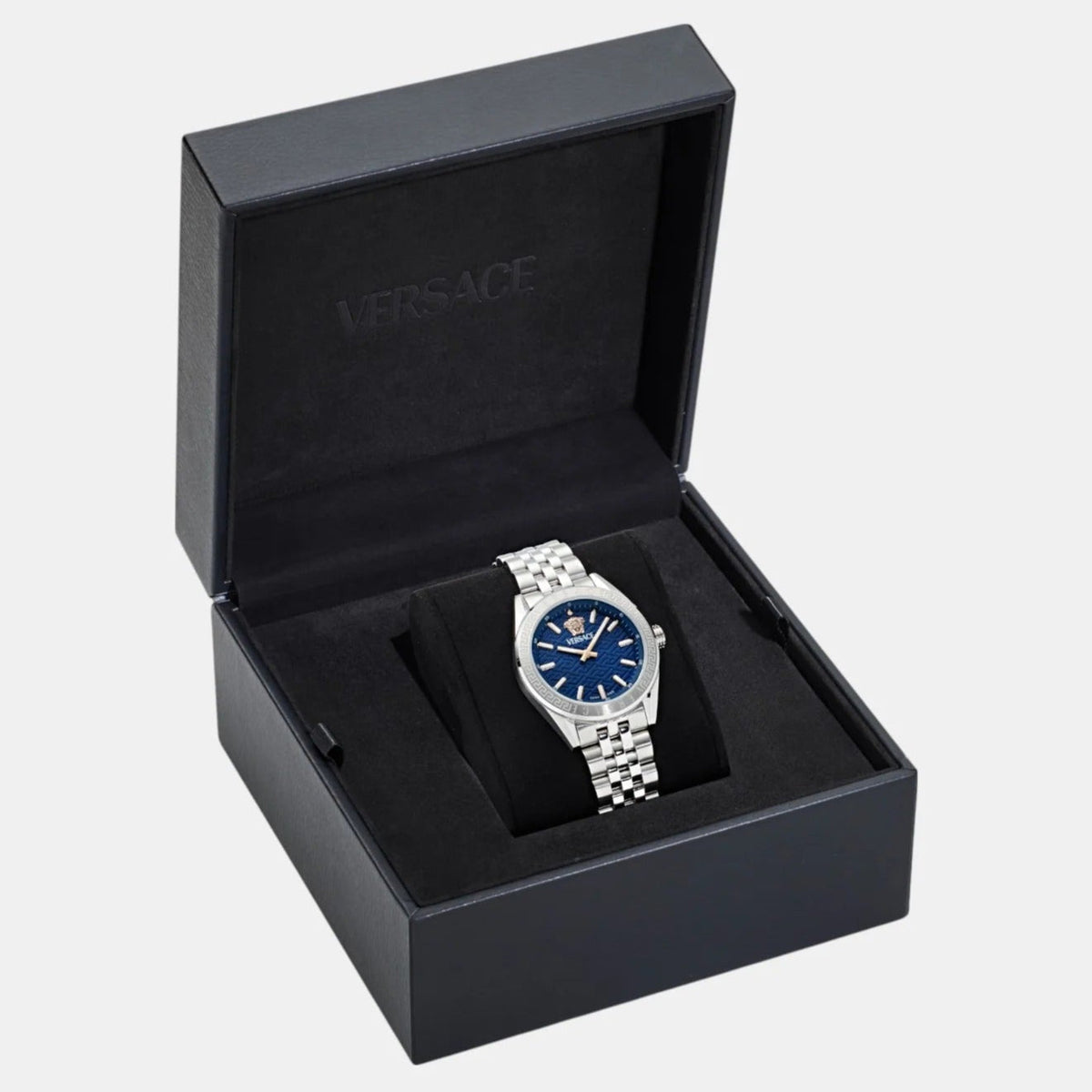 Versace V-Code Analog Blue Dial Silver Steel Strap Watch for Women - VE8I00324