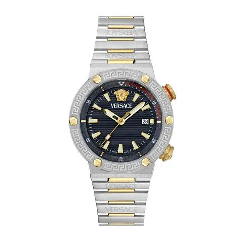 Versace Greca Logo Diver Quartz Black Dial Two Tone Steel Strap Watch for Men - VE8G00424