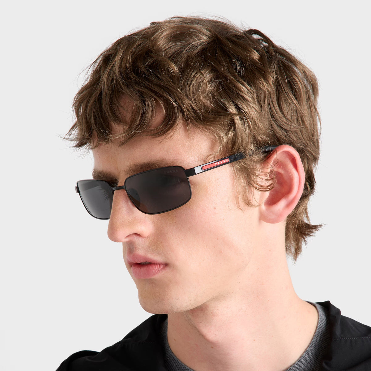 Prada Men Rectangular Frame Deep Shiny Black Sunglasses