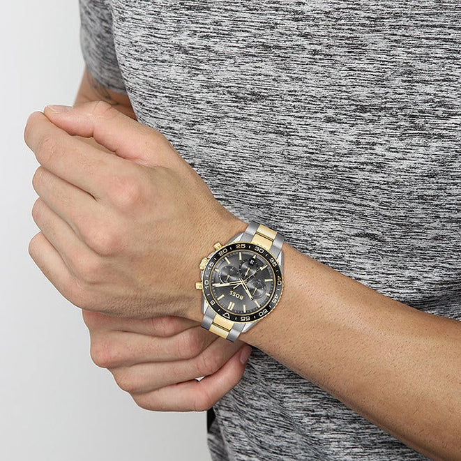 Hugo Boss Runner Chronograph Grey Dial Two Tone Steel Strap Watch for Men - 1514144