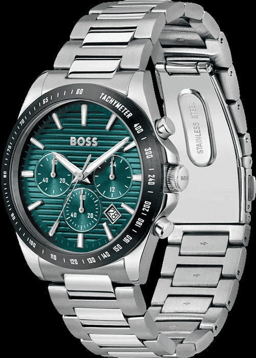 Hugo Boss Strike Chronograph Green Dial Silver Steel Strap Watch for Men - 1514241