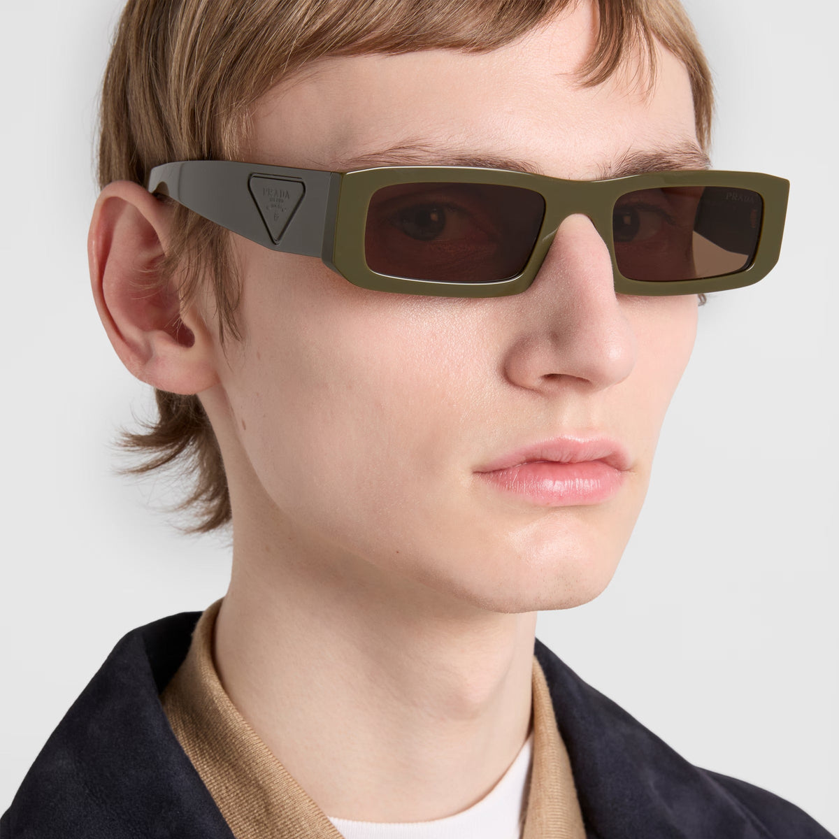 Prada Men Rectangular Frame Laurel Green Sunglasses