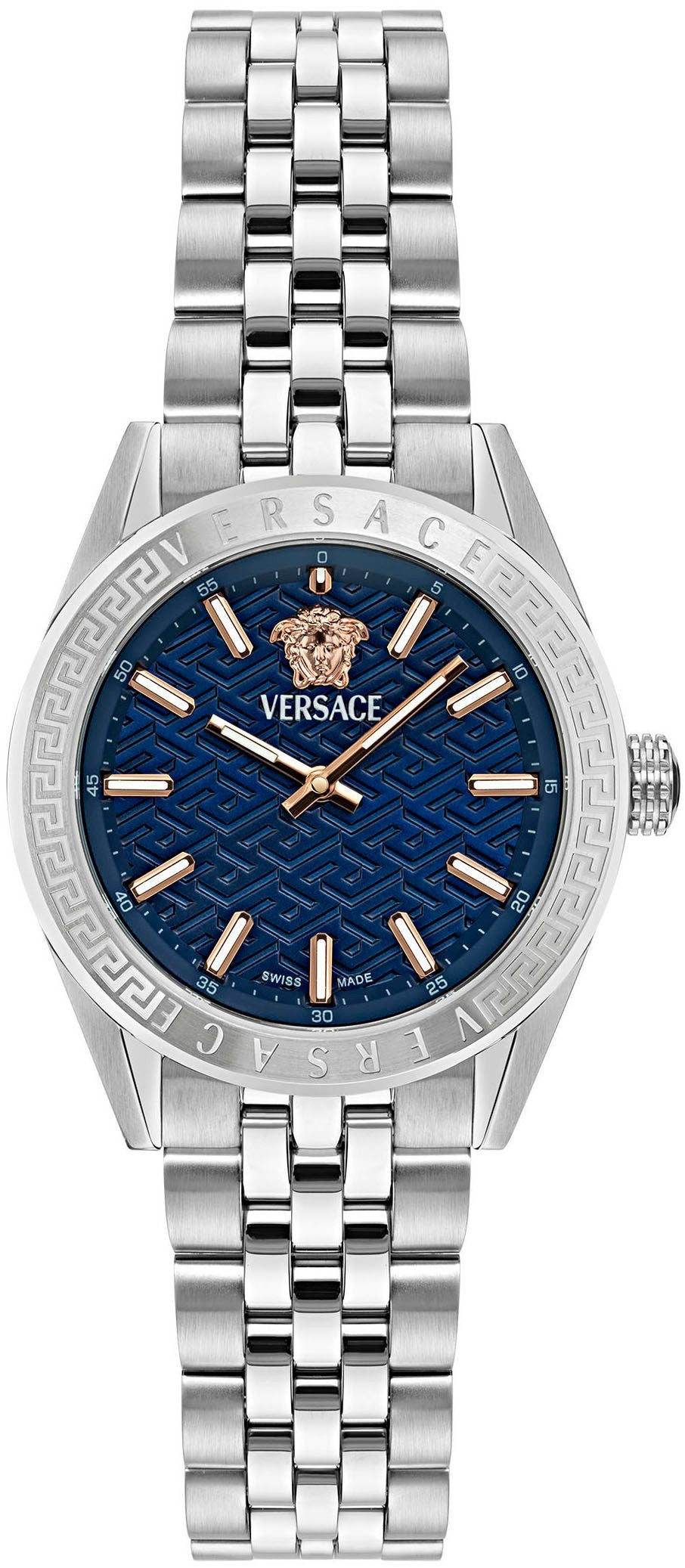 Versace V-Code Analog Blue Dial Silver Steel Strap Watch for Women - VE8I00324
