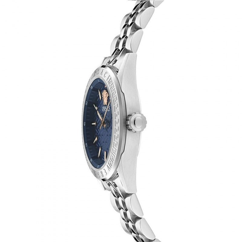 Versace V-Code Analog Blue Dial Silver Steel Strap Watch for Women - VE8I00324