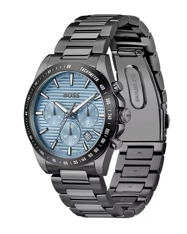 Hugo Boss Strike Chronograph Blue Dial Black Steel Strap Watch for Men - 1514242