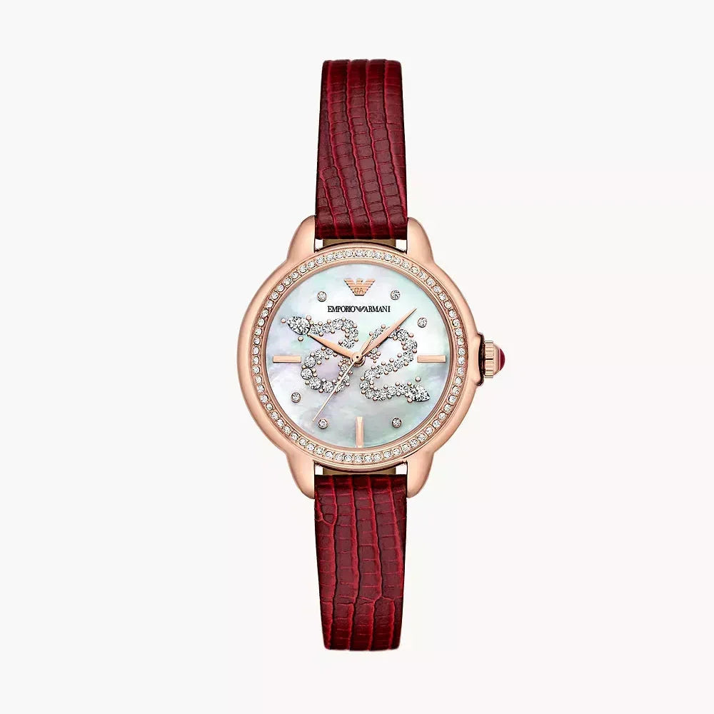 Emporio Armani Mia Mother of Pearl Dial Red Leather Strap Watch for Women - AR11646