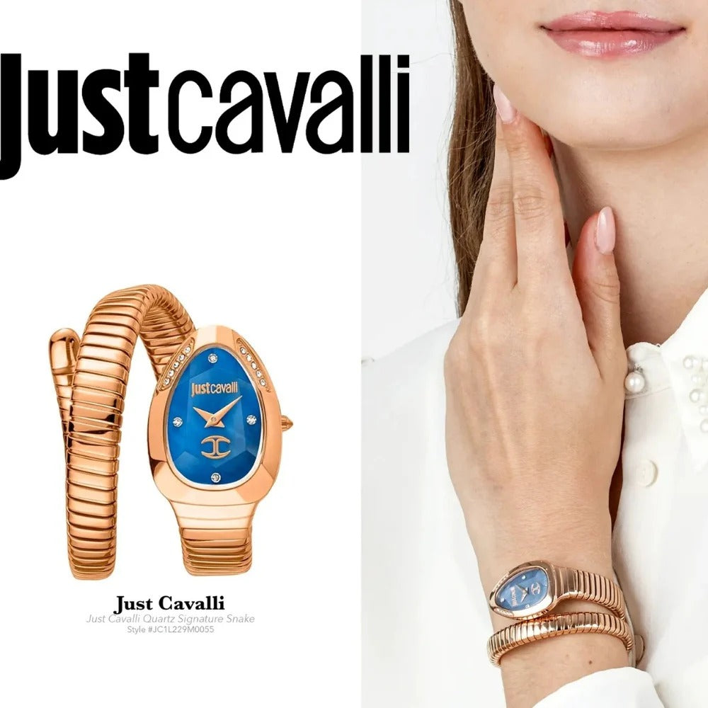 Just Cavalli Glam Evo 4 Blue Dial Rose Gold Steel Strap Watch for Women - JC1L229M0055