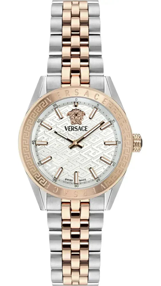 Versace V-Code Analog White Dial Two Tone Steel Strap Watch for Women - VE8I00624