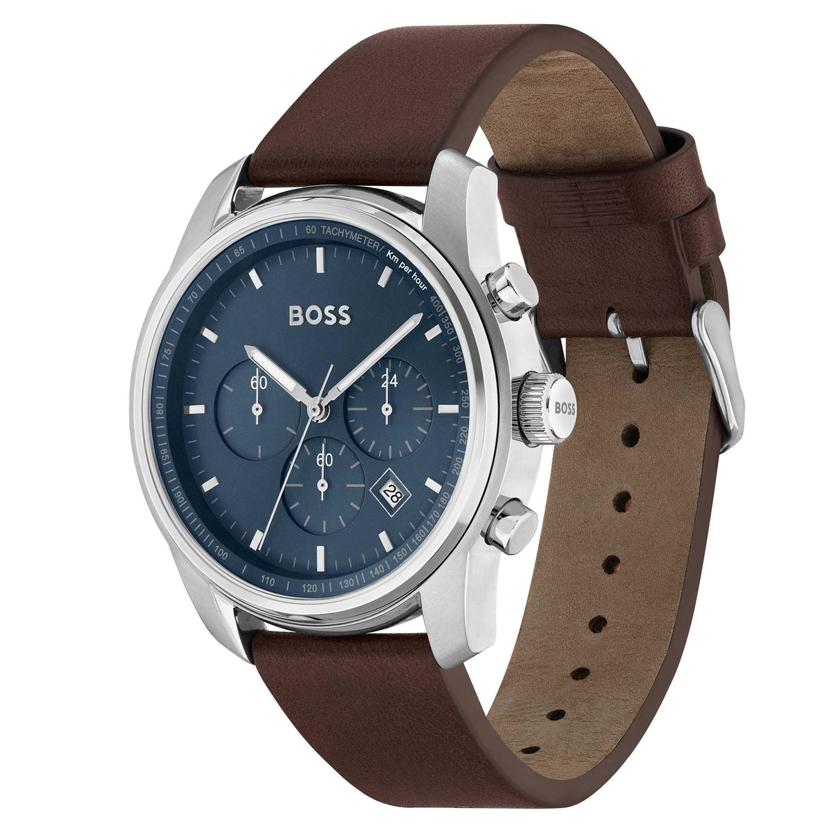 Hugo Boss Trace Chronograph Blue Dial Brown Leather Strap Watch for Men - 1514002