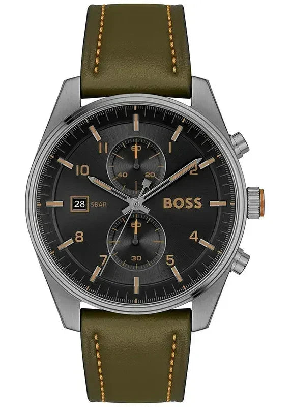 Hugo Boss Skytraveller Chronograph Black Dial Green Leather Strap Watch for Men - 1514148