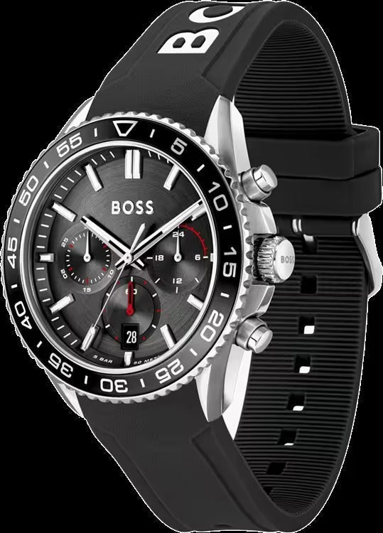 Hugo Boss Runner Chronograph Black Dial Black Silicone Strap Watch for Men - 1514141